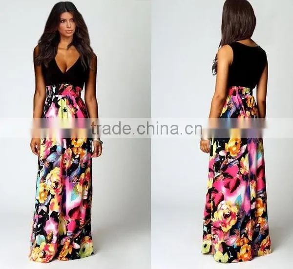 2016 NEW Fashion Print Floral Dress Deep V-neck Sleeveless Maxi Dress photo-2