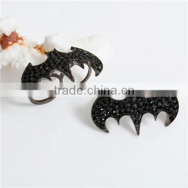 3D Unadjustable Double Finger Ring Gunmetal Black Rhinestone Halloween Bat Animal Round 15.7mm 16.5mm photo-2