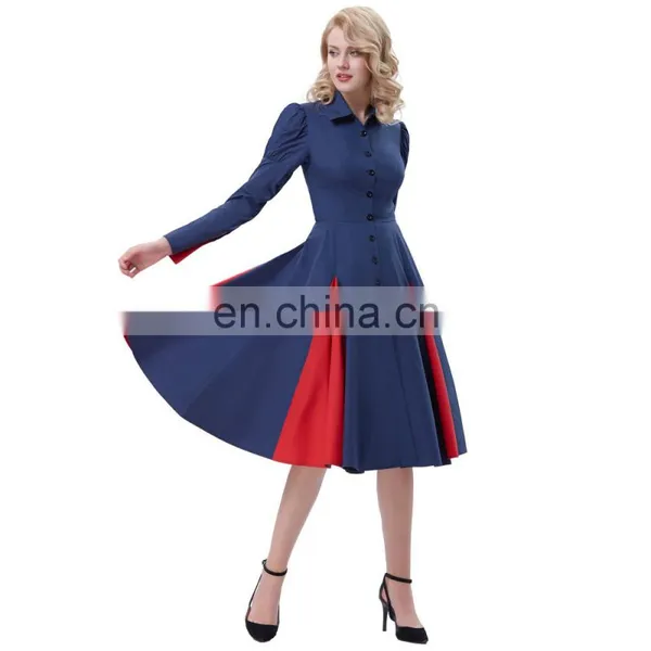 Belle Poque Victorian Style Long Sleeve Shirt Collar Contrast Color Navy Swing Retro Vintage Dress BP000366-3 photo-2