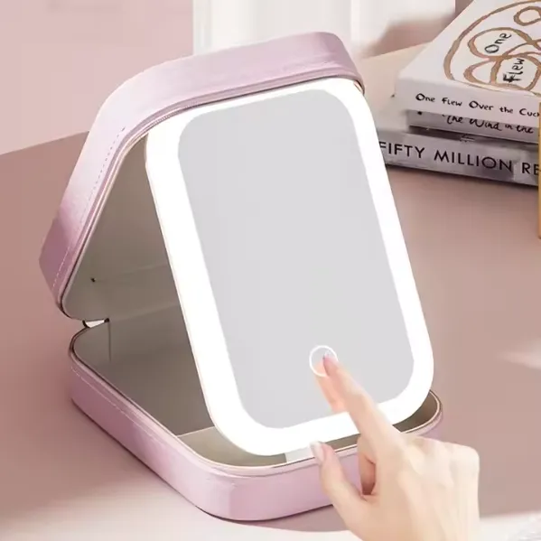 Portable LED Lighted Makeup Mirror With Multi-Functional Rechargeable Cosmetics Storage Case photo-2