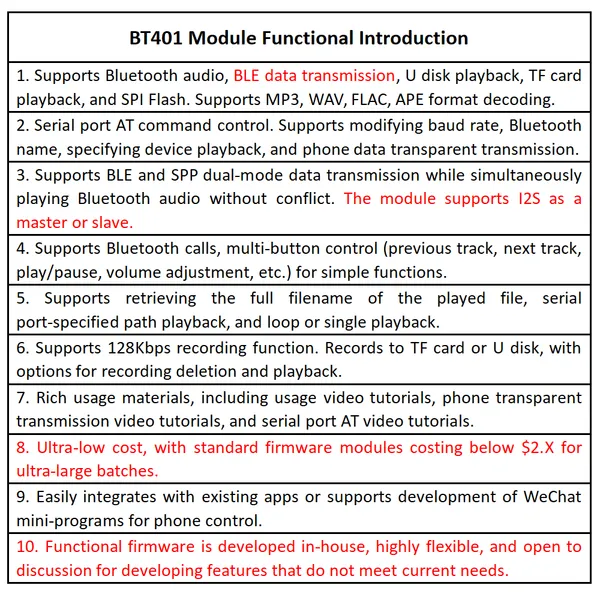 BT401 Dual-Mode Bluetooth Module 5.0 With Built-in Prompt Sound External SPI Flash TF Card USB Audio BLE Data Transmission UART AT Command Control photo-2