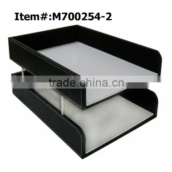 Black Leather Desk Organizer File Document Tray