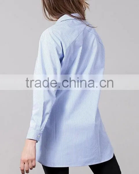 Runwaylover EY2326B 2017 Latest Blouse Design Women's Blue Striped Cold Shoulder Tie Sleeve Shirt photo-2