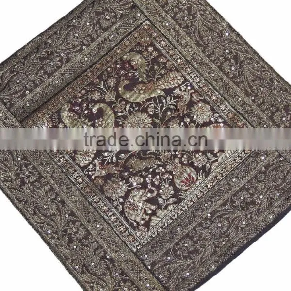Zari Cushion Cover - Brown Peacock Elephant Sari Decorative Sequin Pillow 16" photo-2
