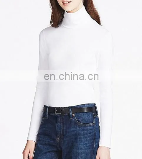 Women Fashion Print T-shirts Side Slit High Neck Pullover Cotton Spandex T-shirt Long Sleeve