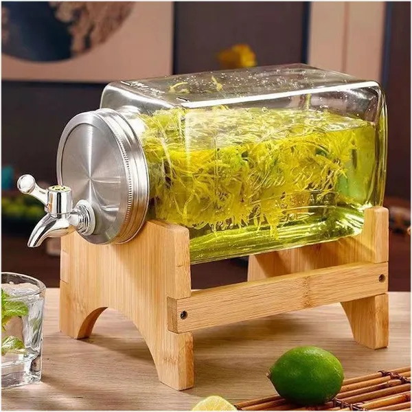 Large - Capacity Glass Beverage Dispensers W/Stainless Spigots. Airtight Lids. Wooden Stand. Ideal for Parties & Daily Drinks! photo-3