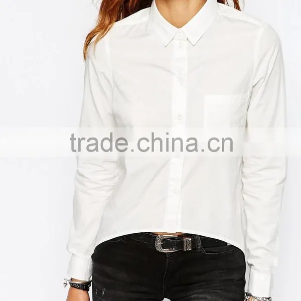 2016 Summer Long Sleeve 100% Cotton Casual Ladies White High Low Shirt photo-3