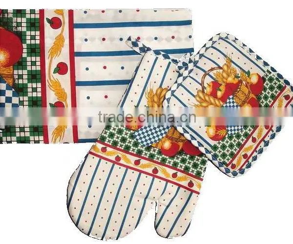 3 Pcs Silk Screen Print Cotton Kitchen Apron Set Print Cotton Pot Holder Oven Mitten Set photo-2