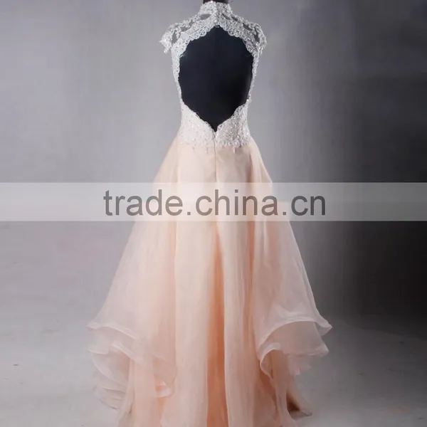RSE703 High Neck Sexy Lace Floor Length Backless Blush Organza Cheap Pink Wedding Dresses photo-2