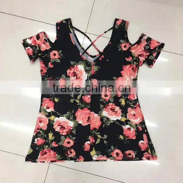 Women Low Price Sexy Cold Shoulder Floral Print Tight T-shirt photo-5