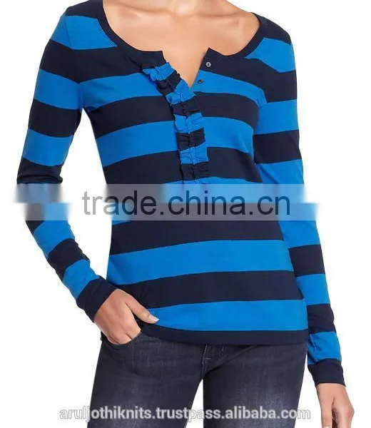 WOMEN STRIPED LONG SLEEVE T-SHIRT WITH RUFFLE PLACKET photo-3