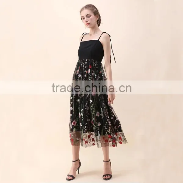 NEWEST WOMEN Self-tie Strap and Floral Embroidery Black Mesh Dress photo-3
