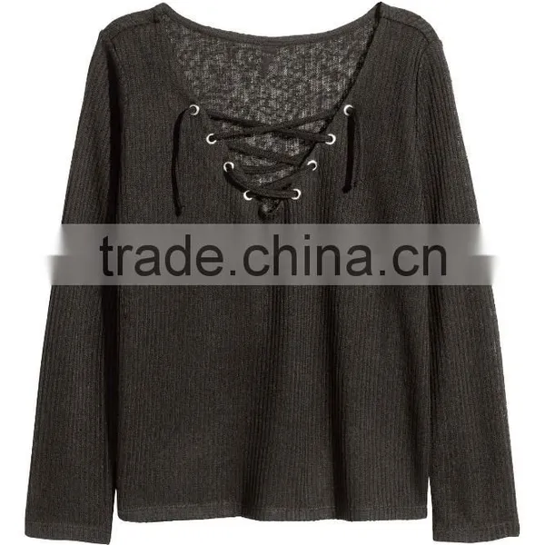 Ladies Wearing Hand Knitted Wool Sweaters With Lacing V-Neck Design photo-5