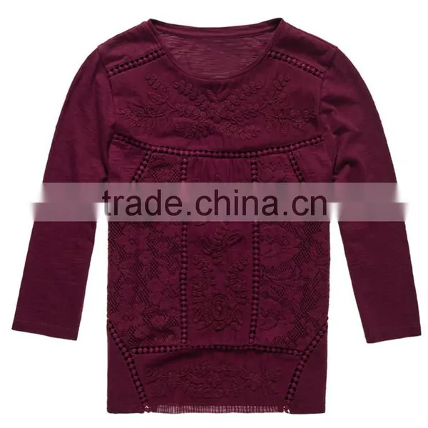 2017 Hot Selling Guangzhou Shandao New Style Women Autumn Casual Wine Red 3/4 Sleeve Round Neck Embroidered Rayon Tops photo-4