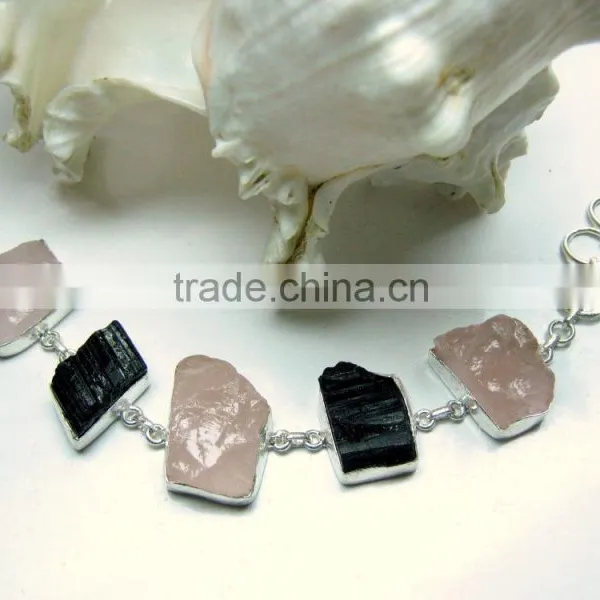 Rose Quartz & Tourmaline Multi Stone Rough Bracelet, 925 Solid Sterling Silver Bracelet, Designer Gemstone Raw Bracelet photo-4
