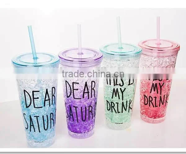 Beautiful Double Wall Plastic Drinking Mug With Straw Summer Ice Cup photo-2