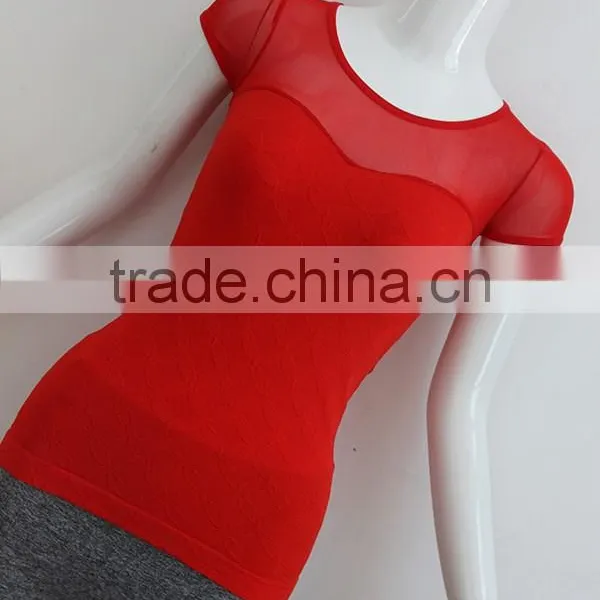 Ladies Red Short Sleeve T-shirt With Mesh in Shoulder Part photo-2