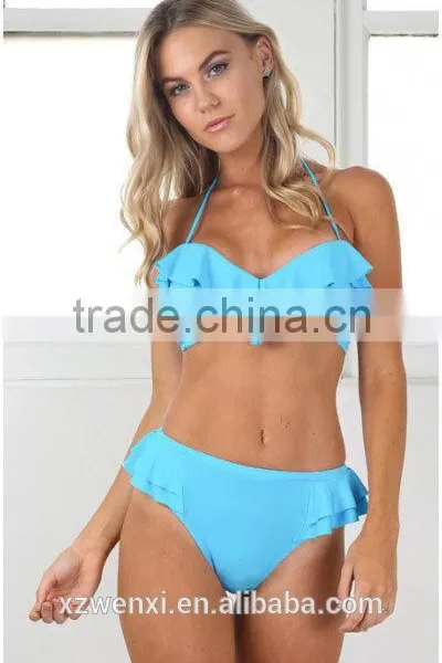 2016 Hot Lotus Leaf Lace Fission Bikini Pure Color Sexy Swimsuit Suit photo-3