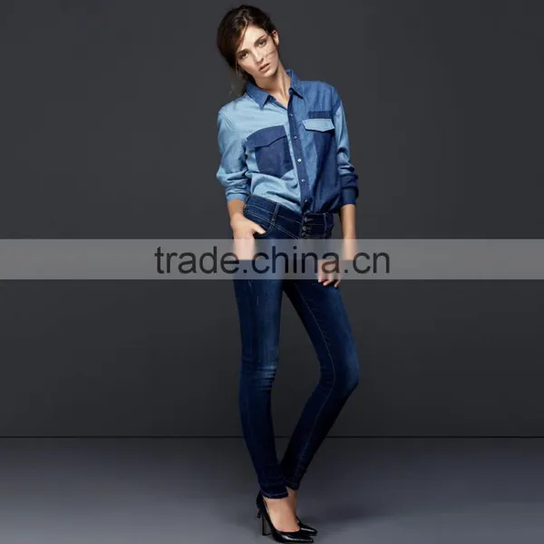 Hot Sale Women Denim Shirt With Pocket and Block Fashion Design Hot Sale photo-6