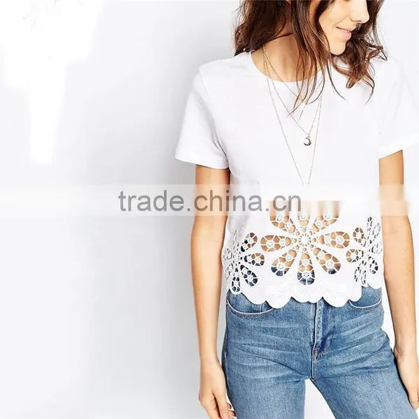 Girls Floral Cutwork and Embroidered Hem t Shirts photo-2