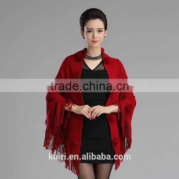 High Quality Beige Female Cashmere Shawl Rabbit Fur Pashmina Triangle Scarf Tassels Wrap photo-4