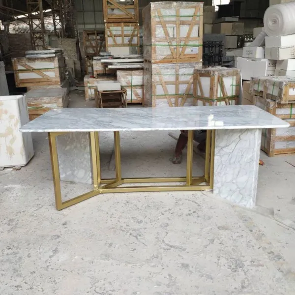 Modern Design Style Rectangular Shape Stone Marble Dining Table Tops Golden Stainless Steel Pedestal Base for Decoration photo-5
