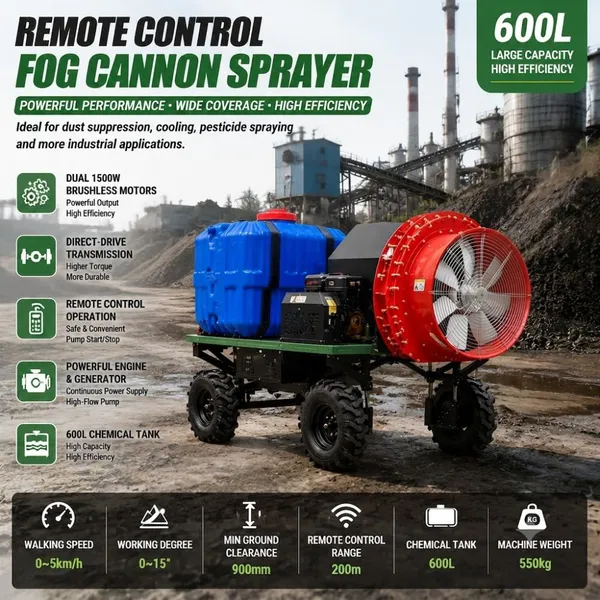 600L Mobile Fog Machine Sprayer Remote Controlled Water Mist Cannon for Industrial Cooling and Cleaning