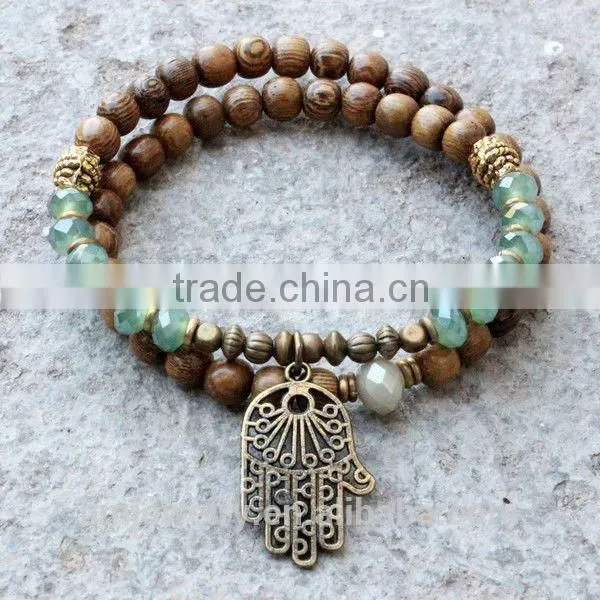2016 Boho Summer Hamsa Bracelet, Wooden Beads and Healing Crystals Handmade Bracelet Quality Choice
