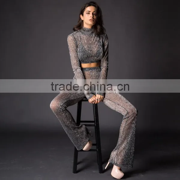 Runwaylover 084 Europe Style Ladies Two Piece Suits , Women Sexy Turtleneck Crop Top And Transparent Casual Pants photo-5