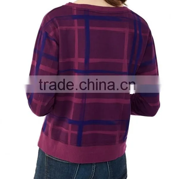 Newly Designed Purple Plead Eco-Micro Fleece Crew Sweatshirt With Irregular Hem for Women photo-3