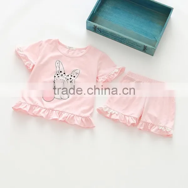 Wholesale Cartoon Printing Ruffle Summer Cotton Kids Girl Two Pieces Set photo-2