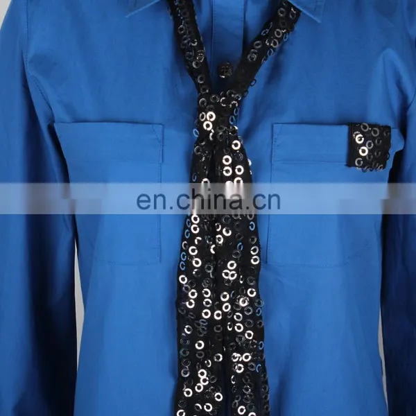 Spread Collar Fashion Style Women Long Shirts With Sequins Tie photo-3