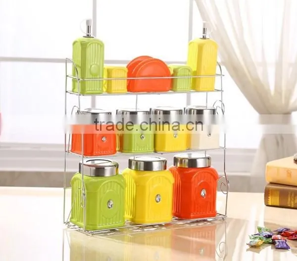 Kitchen Ceramic Canister Set With Stainless Metal Stand photo-3