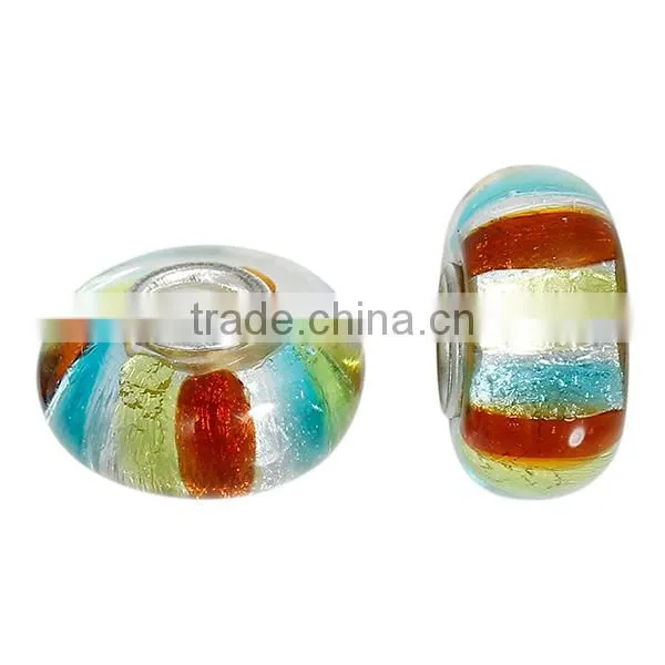 Round Silver Plated Core Stripe Multicolor Transparent Lampwork Glass European Style Large Hole Charm Beads photo-3