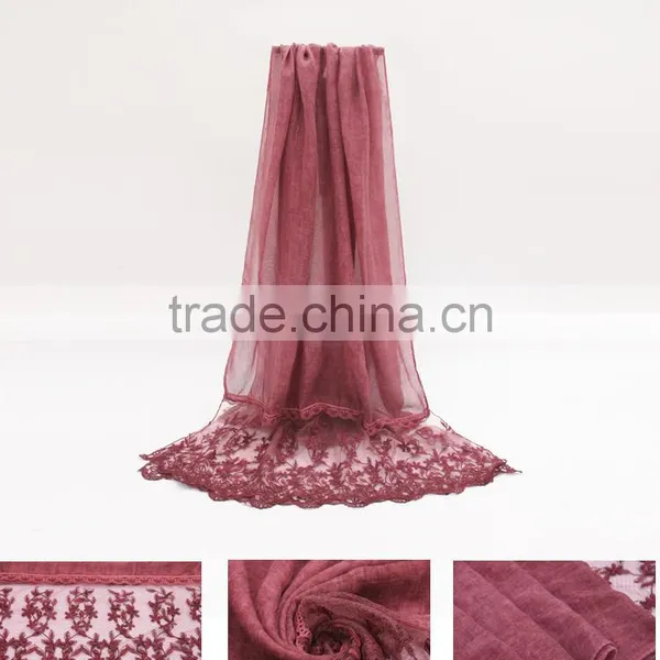 New Fashion Custom Classic Plain Dyed Linon Viscose Thin Lace Flower Trim Ribbon Hijab Scarf photo-3