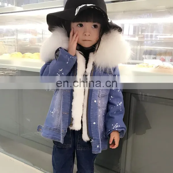Fashion Casual Denim Jacket Raccoon Fur Collar Real Rabbit Fur Lining Cute Child Coat photo-4