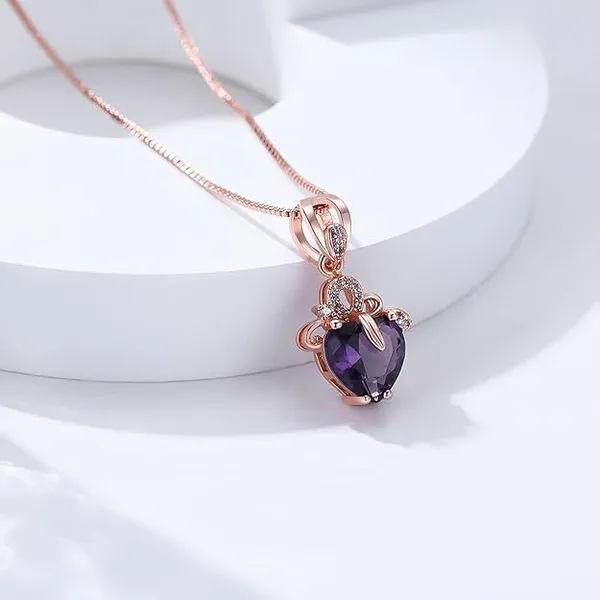 Elegant Heart Shaped Amethyst Pendant Necklace, Luxury Fashion18K Rose Gold Love Heart Natural Purple Crystal Jewelry