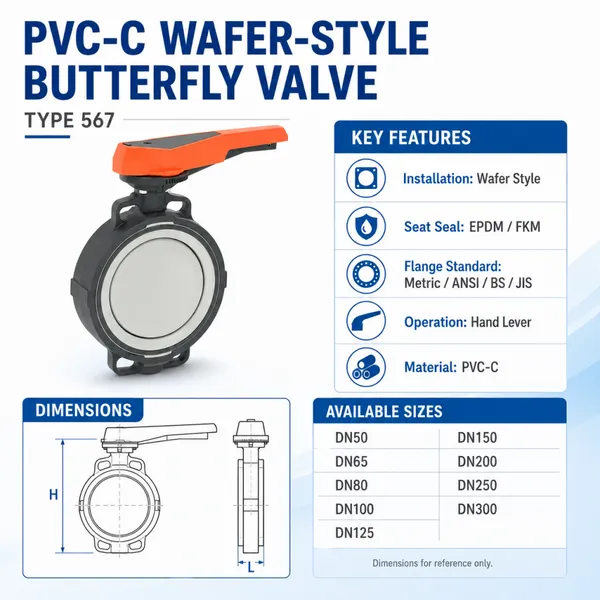 PVC-C Wafer Butterfly Valve Type 567 With Hand Lever For Chemical Pipeline photo-4