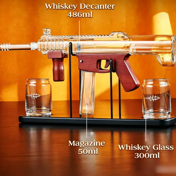 Huaqi Glass China Gun Shape Whiskey Decanter Set, Submachine Gun Liquor Bottle With Cups & Metal Rack, Wholesale Bar Drinkware photo-3