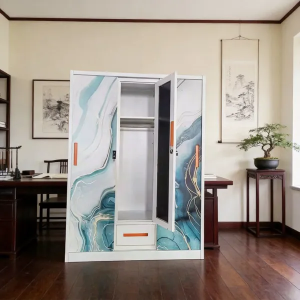 Knock‑down Structure Pattern Printed Steel Wardrobe 3‑Door 4‑Door With Drawers & Mirror Metal Clothes Cabinet Custom For Global Export