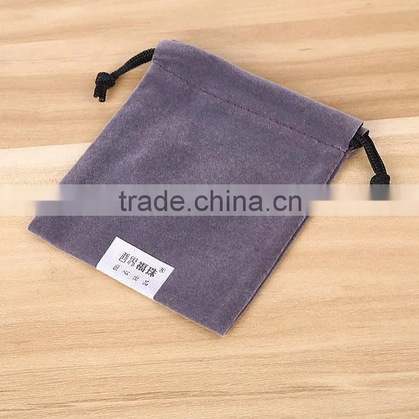 Best Quality Coffe Color Velvet Jewelry Pouch Gem Packing Bags With Label/ Flocking Printed Fabric Pouch photo-2