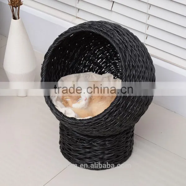 Pawhut Black/Beige 21" Hooded Rattan Wicker Elevated Cat Bed photo-2