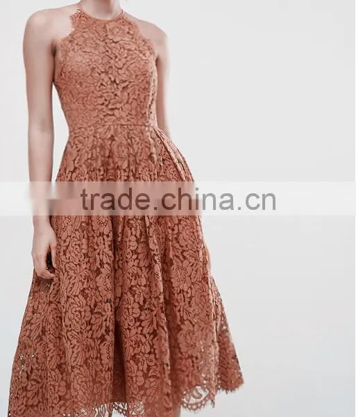 China Latest Clothing OEM Lace Pinny Scallop Margin Prom Midi Fashion Dress photo-2
