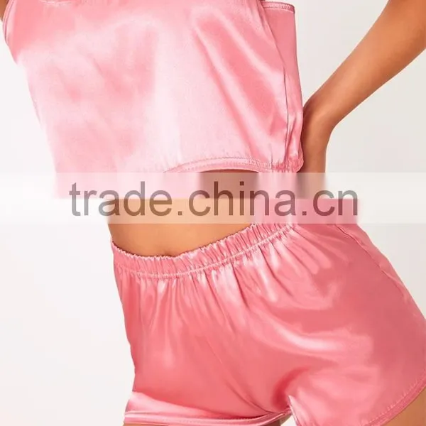 MGOO Shinny Singlet Pajamas Set Rose Satin Pyjama Shorts Set Two Pieces Women Sleepwear photo-5