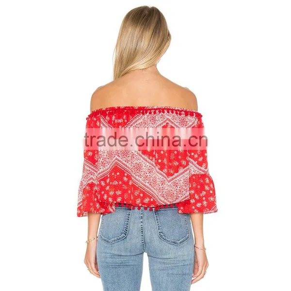 Ladies Off Shoulder Check Cotton Printed Blouse 2016 Design photo-3