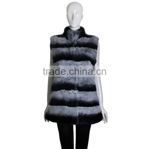 YR247 Ladies Luxury Top Quality Real Rex Rabbit Chinchilla Dyed Stand Collar Fur Vest photo-3