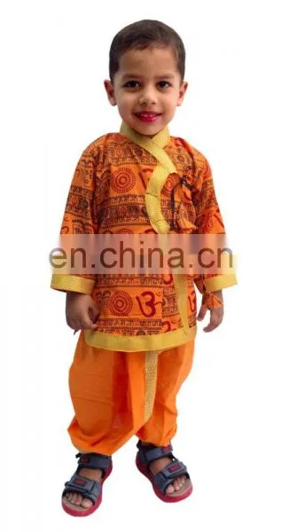 Indian Om Print Saffron Dhoti Kurta, Boy's Traditional Angrakha Set, Dhoti Suit, Kids Baby Wear, Ethnic Dress Kurta om Print photo-3