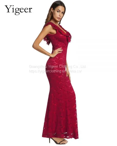 Ruffled V-neck High Waist Sheath Lace Mermaid Dress photo-3