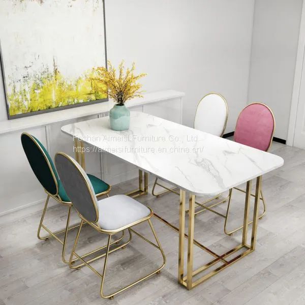 Modern Marble Top Golden Chrome Leg Long Dining Table for Restaurant photo-2