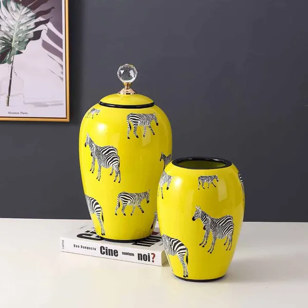 Nordic Style Modern Cylinder Tableware Yellow Zebra Painting Ceramic Flower Storage Vases With Round Crystal Lid For Dining Room photo-3
